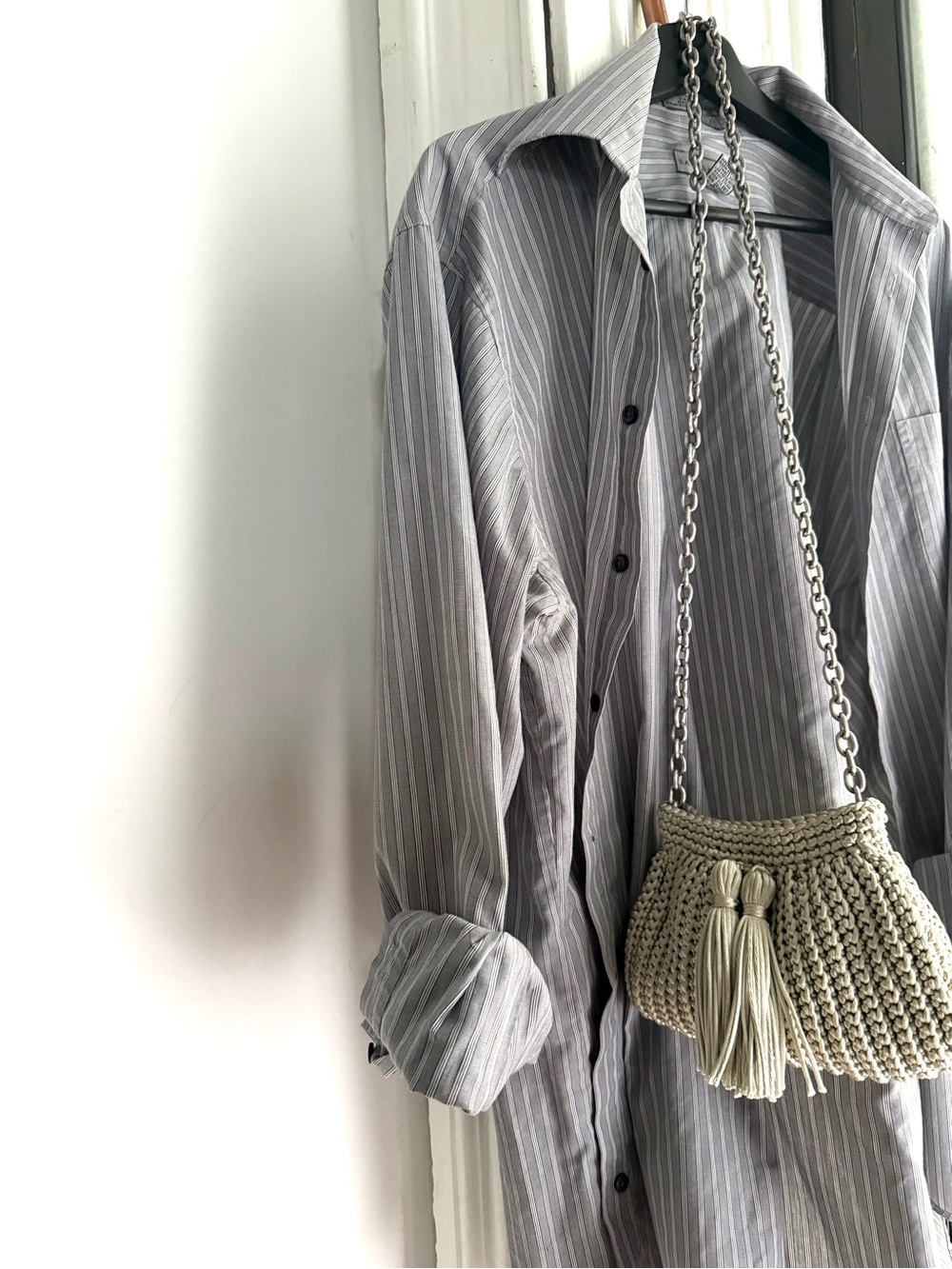 Hand-Crocheted Pewter Metallic Tassel Shoulder Bag | Chain Strap